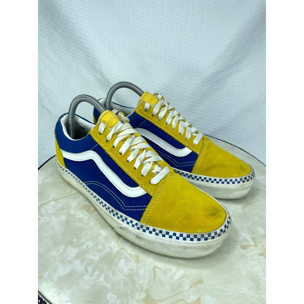 Vans Old Skool Checkered Skateboard Sneakers Womens 8.5 Blue Yellow Suede Shoes